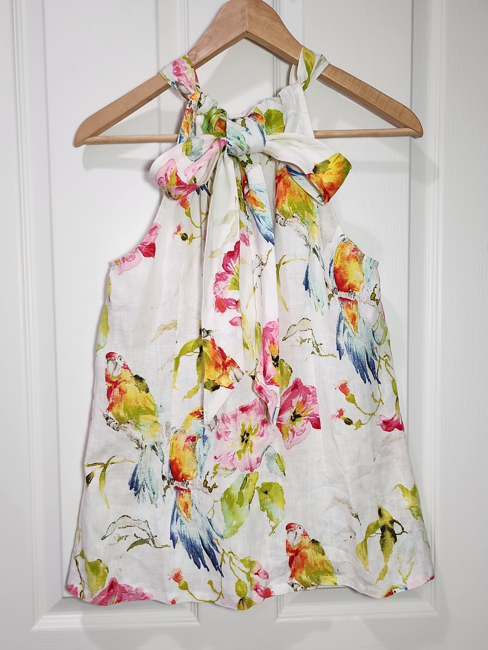 Tommy Bahama 100% Linen Tropical Parrot Floral Halter Top Back-Tie Blouse - Picture 7 of 15